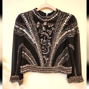 Miss Selfridge Black Beaded Long Sleeve Top Size 6